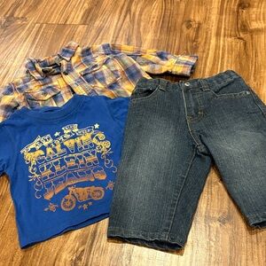 Calvin Klein Jeans Blue and Orange Graphic Tee with Denim Shorts